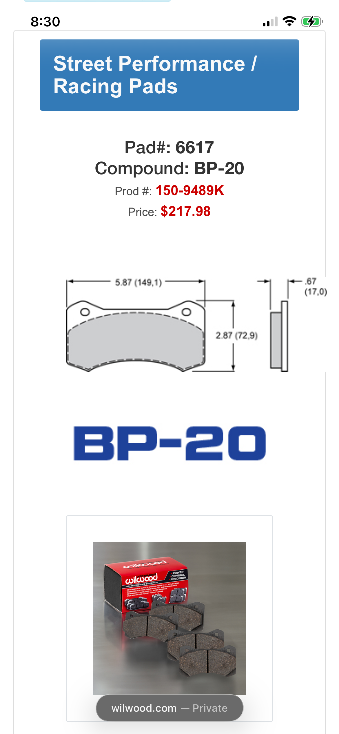 Wilwood BP20 Brake Pads For Aero4/6 Calipers #150-9489k